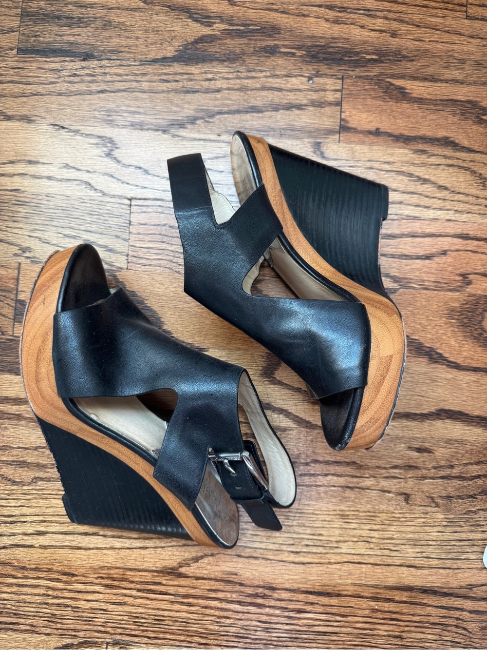 Michael Kors Black Leather Cutout Wedge Sandals with Wood-Tone Platform
